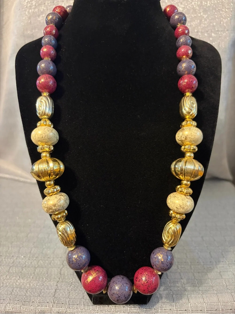 Vintage Red & Purple Beaded Statement Necklace with Gold Accents